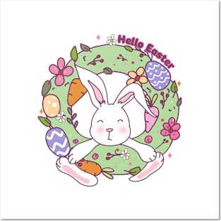 hello easter wreath bunny Posters and Art